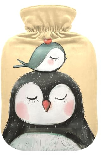 Wärmflasche, 2 l, großer Wärmbeutel mit weichem Plüschbezug, Pinguin-Vogel, auslaufsicherer Schraubverschluss, ideal für Wintersport, Outdoor, Rücken, Nacken und Bein, kalte Muskelschmerzen und