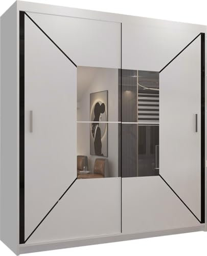 FURNITUREWAVE Nicci Mirror Sliding Door Wardrobe For Modern Bedroom Space Saving Capboard With Decent Storage Shelves and Hanging Rails (White, 180cm)