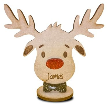 DNVB SHOP Personalised Freestanding reindeer with Glitter Bows, family Christmas Table decoration, Place names settings Decor Ornaments, Indoor Holiday Decor (Male)