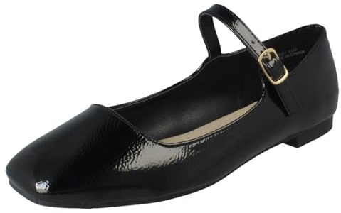 Ladies Savannah Buckle Fastening Flat Mary Jane Smart Shoes F80587 - Black Synthetic Patent - UK Size 6 - EU Size 39 - US Size 8