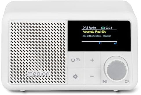 MEDION S66822 Mini radio DAB+ portatile con Bluetooth (batteria ricaricabile, display a colori oscurabile, antenna telescopica, sleep timer, sveglia, snooze, AUX, USB-C) bianco