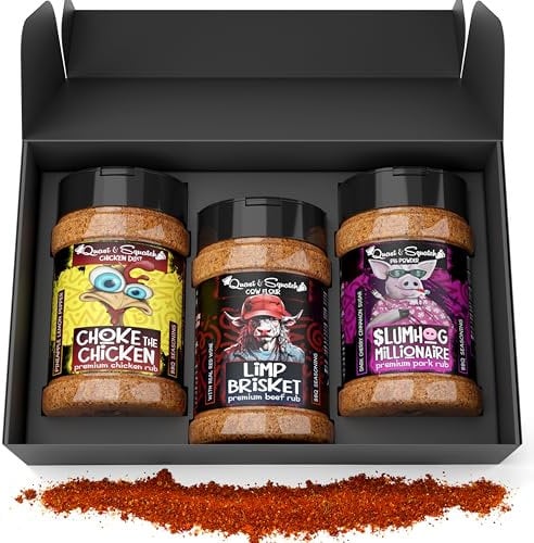BBQ Rubs Gift Set by Quasi & Squatch - MEAT POWDERS - Smoky Dark Cherry (Pork) Juicy Pineapple (Chicken) & Peppery Red Wine (Beef) | Gourmet Spices for Grill, Smoker & Gifts for Men | Large Jar 3-Pack