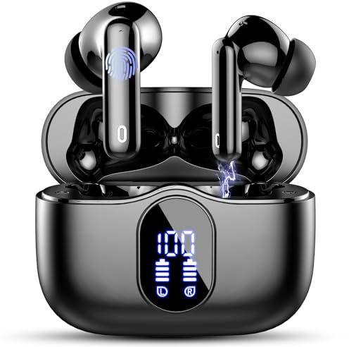 Wireless Earbuds, Bluetooth 5.4 Headphones In Ear with 4 ENC Mic, 2025 Wireless Earphones Noise Cancelling Deep Bass, LED Display, Bluetooth Earbuds 36H Playtime, IP7 Waterproof Ear buds, USB-C, Black