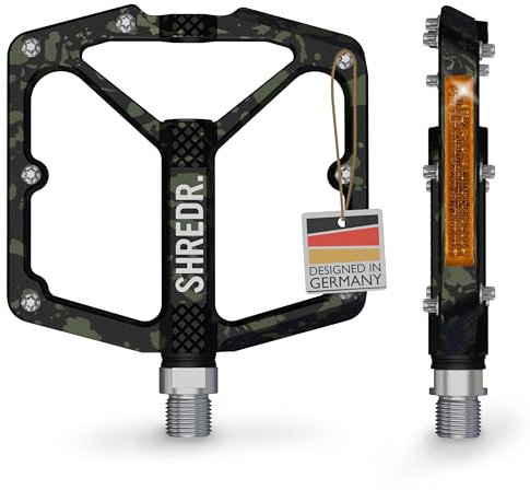 SHREDR. Shine Pedale für MTB | Hochwertige Flatpedals fürs Mountainbike | Mit Reflektoren (StVZO konform) | Special Edition - Jedes Pedal ist EIN Unikat (camo grün, XL)