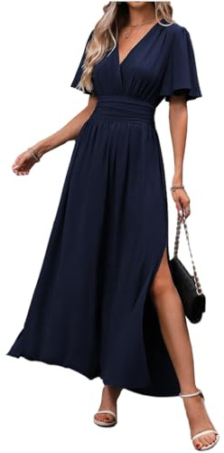 LUVCES Femme Robe Elegante Col en V Taille Haute Robe Longue d'été Plissée Manches Papillon Fente Latérale Froncée Robes pour Soirée Mariage Fête