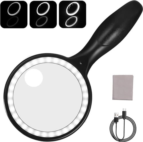 Loupe de Lecture, 20X 5X Loupe de Lecture avec 33 lumières LED, Touchez Les Boutons, 3 Modes D'éclairage, USB Rechargeable, Loupe Grossissante à Main pour journaux, Lecture, Bijoux, Seniors, Malvoyant