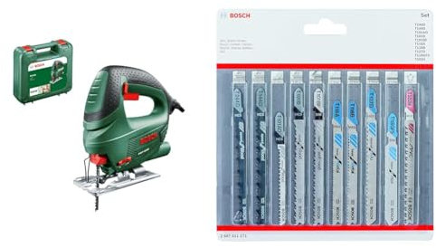 Bosch Stichsäge PST 650 (500 Watt, in Koffer) + Accessories Professional 10tlg. Stichsägenblätter Set (für Holz und Metall, Zubehör für Stichsägen mit T-Schaft Aufnahme)