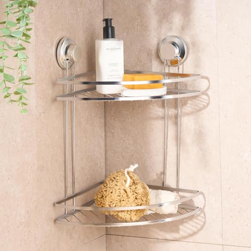 OHS Corner Suction Shower Caddy Bathroom Storage Shelf 2 Tier Shower Caddy No Drilling Rustproof Silver Metal Wall Mounted Storage Basket Shelves for Toilet Kitchen Home