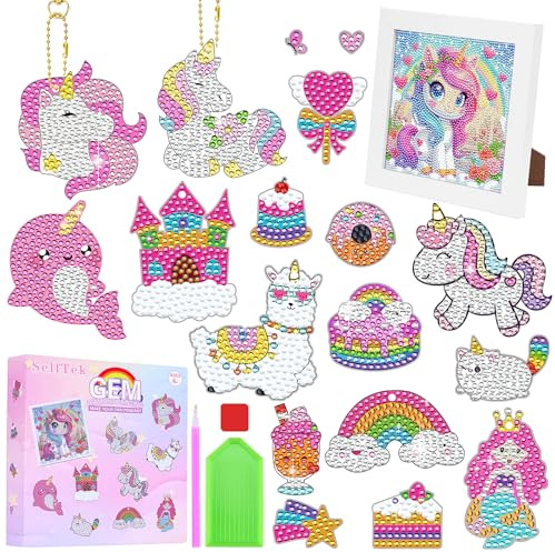 SelfTek Diamond Painting Einhorn Anhänger Sticker - Einhorn Diamant Painting Mädchen Doppelseitige Diamond Painting Schlüsselanhänger Bastelset Diamantmalerei Geschenke für Geburtstag