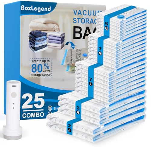 BoxLegend Vakuumbeutel für Kleidung & Bettdecken mit Vakuumpumpe, 25 Stück Vakuumierbeutel 2 Jumbo + 3 Extra Groß + 7 Groß + 7 Mittel + 6 Kleine, Perfekt für Reise & Lagerung Aufbewahrungstasche