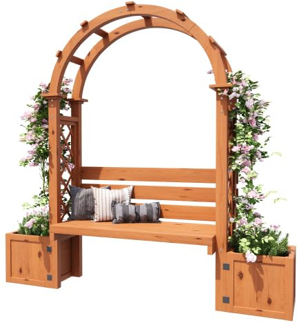 Arche de roses avec pot de fleurs et banc, jardinière en bois de sapin, tuteur pour plantes grimpantes, jardinière pour jardin, terrasse, cour, naturel