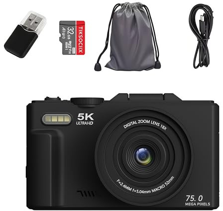 5K Digital Compact Camera Optinexo, Camara Compacta Digital con Zoom 18X y Pantalla Articulada 180 Grados, Tarjeta 32GB Incluida para Viajes y Creacion de Contenido (Negro)
