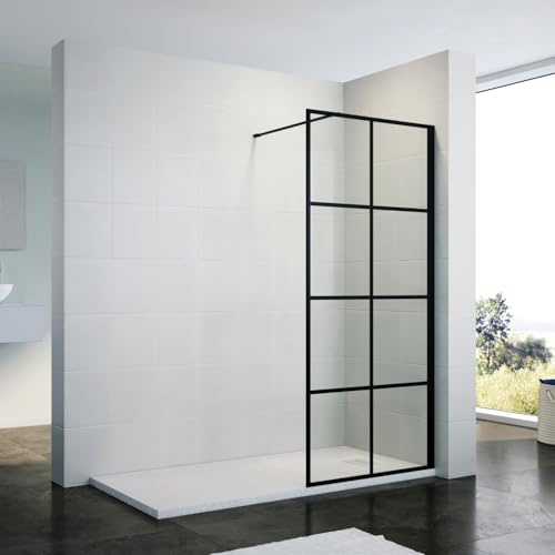ZANOFIRA 700mm Black Grid Walk in Shower Screen 8mm Toughened Safety Glass Industrial Style Wet Room Shower Panel with Stainless Steel Support Bar Reversible for Shower Cubicles