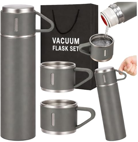 Termo de Acero Inoxidable SUS 304 de Doble Pared, 500 ml, con 3 Tazas, Aislamiento Térmico, para Café y Té, Ideal para Viajes y Camping (Gris)