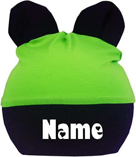 Kleiner Fratz Kinder Baby Ohren Mütze Multicolor mit Namen des Kindes (Gr.3 (KU 53-57) (Gr. 98-122), Lime-Navy)
