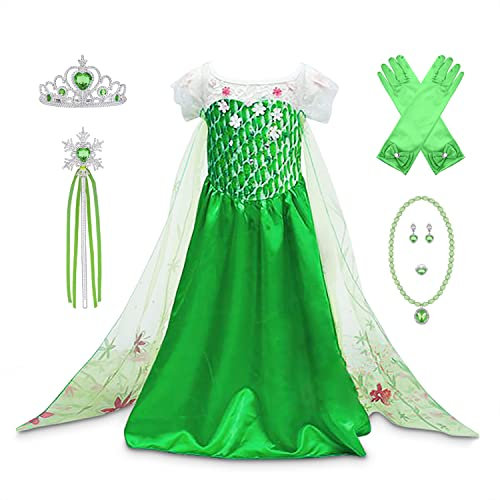 YOSICIL Mädchen Prinzessin ELSA Kostüm Mädchen Eiskönigin Kostüm 2 ELSA Kleid Cosplay Party Kleid Weihnachten Verkleidung Set Halloween Fest Karneval Fasching Partei Grün Kleid,Grün Größe 150