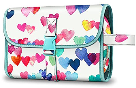 FINTIE Trousse de Toilette à Suspendre, Sac de Grande Trousse de Maquillage étanche Portable Organisateur Voyage avec Crochet pour Femmes et Filles, Coeurs Pluie