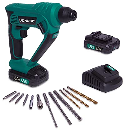 VONROC Akku-Bohrhammer – VPower 20 V – Inkl. 2,0 Ah Akku und Ladegerät – 1,3 Joule – SDS-plus – Inkl. Zubehör und Werkzeugtasche (Mit 2x2Ah Akku & Ladegerät)