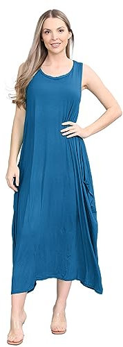 janisramone® Womens Parachute Italian Lagenlook Midi Dress, Sleeveless Round Neck Stretchy Tulip Dress, Plain Long Summer Dresses for Women UK, Casual & Holiday Ladies Midi Dresses Teal