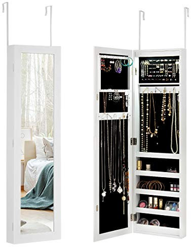 COSTWAY Espejo Joyero de Pared, Armario para Joyas con Espejo de Cuerpo Entero y Tira de luz LED, Armario Joyero Interior Montado en Pared/Puerta, Organizador de Almacenamiento para Pendiente