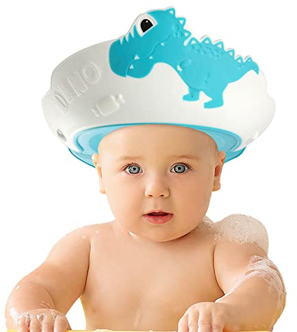 FUNUPUP Duschhaube Kinder Baby Verstellbare Dinosaurier-Form Haare Waschen Kinderschutz Schild Shampoo Schutz Baby-Visier für Augen und Ohren (Dinosaurier-Blau)