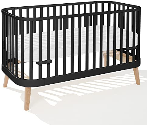 ATB MEBLE Gitterbett mit Matratze 140x70 cm - 2in1 Babybett Kinderbett - Principal Beistellbett Baby aus Holz - Bett Baby Mitwachsend - Kinderbett umbaubar - Jugendbett - Schwarz
