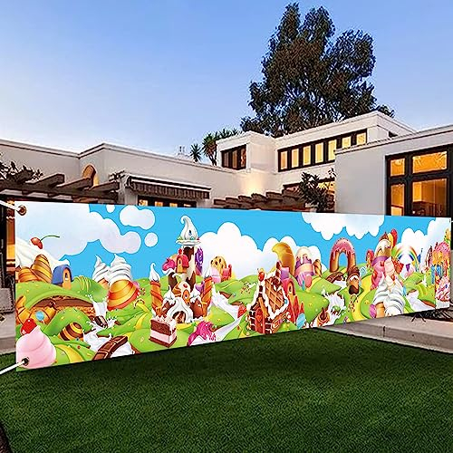 DOTOOMA Candyland Sweet Cartoon Rainbow Cupcake Ice Cream Castle Theme Yard Banner Sign Decorations Baby Shower Girls Birthday Party Cake Table Polyester Supplies