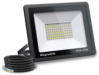 Wegoodlife 50W LED Strahler Außen, Superhell 3995LM Scheinwerfer, 6500K Kaltweiß Außenstrahler, IP66 Wasserdicht LED Fluter, 50cm Kabel kein Stecker, Außenleuchte für Hinterhof Auffahrt Garage Garten