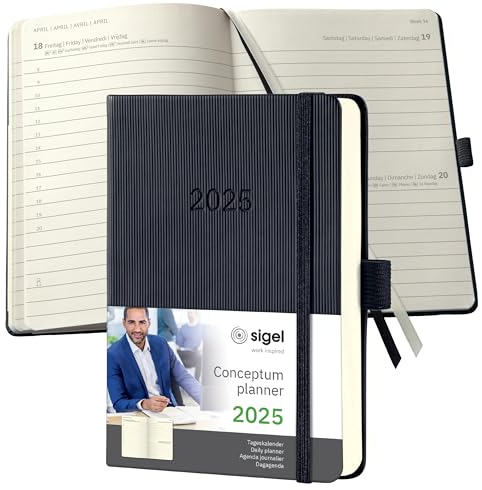 SIGEL C2511 Terminplaner Tageskalender 2025, ca. A6, schwarz, Hardcover, 400 Seiten, Gummiband, Stiftschlaufe, Archivtasche, aus nachhaltigem Papier, Conceptum