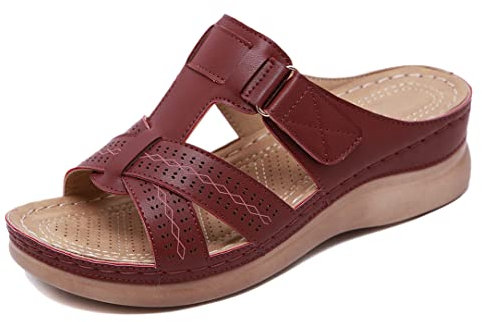 SMajong Sandales Femme été Mode Mules Femmes Compensées Chaussons Confortable Bout Ouvert Plateforme Pantoufles Chaussures de Plage Rouge foncé Taille:39 EU