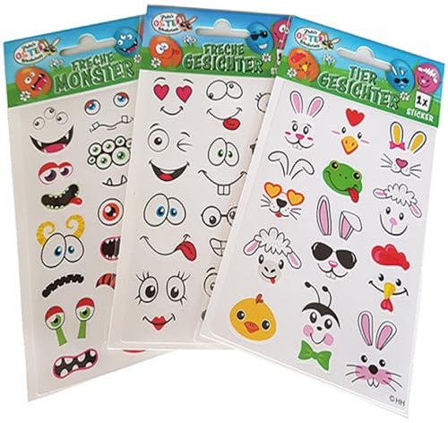 Eier Tattoos/Eier Aufkleber 3er Set - Freche Gesichter, Tiergesichter, Freche Monster - 3 Bögen Eier Sticker - Osterei, Eierfärben, Osterdeko, Eierfarbe, Eier färben, Ostern