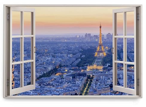 Wandbild 120x80cm Fensterbild Paris Eiffelturm Blau Sonnenuntergang Luftaufnahme