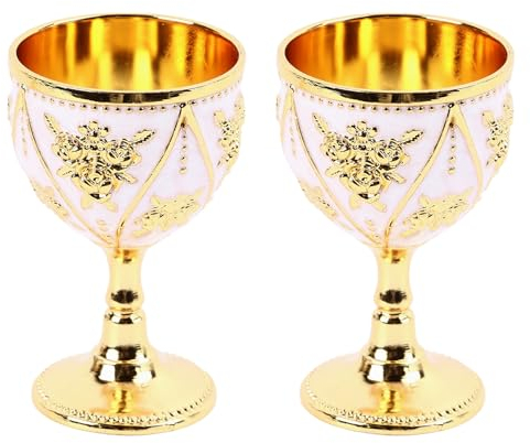 2 Copas de Vino Rosa, Copa Dorada, Copa Vintage, Copas de Vino de Metal, Elegantes Copas de Cóctel, Copas de Champán, Copas de Vino en Relieve para Fiestas, Festivales, Cenas, Bodas,(Flor blanca)