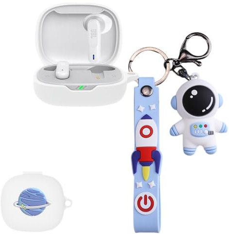 Cartoon Silicion Earphones Case Compatible with JBL Wave Flex/JBL Wave 300 TWS, Cute Wireless Bluetooth Shockproof Protector Cover Earphone Charging Box with Keychain (White A)