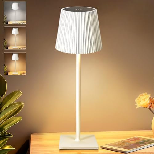 Riokko Dimmbare LED Akku Tischleuchte mit 5200mAh, Tischleuchte Kabellos Touch Dimmbar 3 Farbtemperatur Outdoor Tischlampe IP54 Wasserdicht für Restaurant, Schlafzimmer (Weiß+3 Farbtemperaturen)