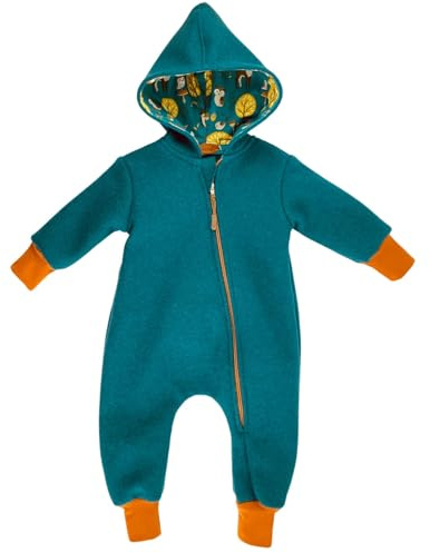 Lilakind Baby Wollwalk Overall mit Kapuze und Reißverschluss |Kleinkind Walkoverall |Made in Germany Petrol Waldtiere Gr. 62-116