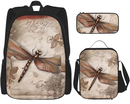 Dwrepo 3PCS Backpack Set with Lunch Bag Pen Box Dragonfly Bee Travel Backpack Large Capacity Laptop Backpack for Men Women Casual Daypacks Lunch Box Pen Case 3 in 1 Set, Black, One Size, Travel,