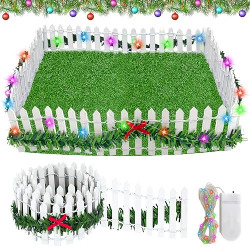 Lets Joy Miniatur Zubehör, Mini Holz Zaun, Zubehör Weihnachten Miniatur Zaun Holzzaun, Puppenhaus Zubehör, Deko Miniatur Zaun mit Lichtern, Weihnachten Dekorative Ornamente 90 x 5cm