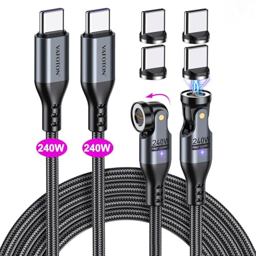 VAFOTON 240W Câble de Charge Magnétique USB C (2Pack, 1,8m/1,8m), 240W (48V/5A) Câble Magnétique de Charge Rapide PD à 9PIN USB C vers Type C pour Tablette/Ordinateur Portable/MaBook (Noir)