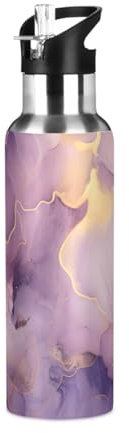 34 Oz Water Bottle with Straw Marble Purple Gold Stainless Steel Water Bottle for Traveling Sports Leakproof Insulated Water Bottle