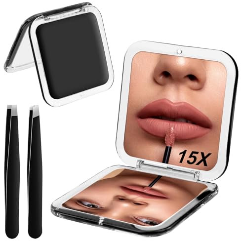 Leikedun Espejo de Maquillaje Plegable Espejo de 2 Caras con Aumento 15X Espejo de Viaje PortáTil Espejo de Viaje para Bolso para Bolsos, Cartera, Oficina, Viajes, Mujeres