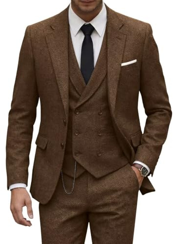 Tweed-Anzug für Herren, Wolle, Retro, Herren, 3-teilig, schmale Passform, Blazer, Jacke, Weste, Hose, Krawatte, Smoking-Set für Trauzeugen, Abschlussball, Dunkelbraun, L