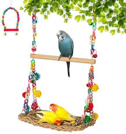 Natural Bird Swing Toys with Wood Perch, Double Layer Bird Seagrass Woven