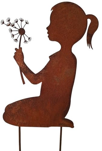 Gartenstecker Beetstecker Edelrost Figur Mädchen mit Pusteblume – Rostige Gartendeko, Metall Silhouette, Vintage Deko für Garten & Terrasse, Wetterfest