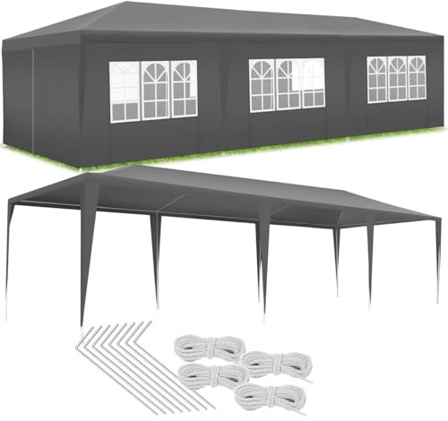 tectake® Pavillon Garten 9 x3 m, Gartenzelt, Partyzelt, 8 Seitenteile, wasserdicht, UV-Schutz, Partyzelt Garten, Terrassenmöbel, Terrassenüberdachung Festival Event Shelter, Balkon Schutz - grau