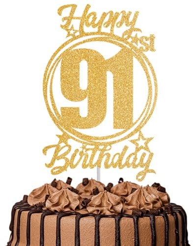 1Pc Happy 91st Birthday Cake Topper – Gold Glitter “Cheers to 91 Years” Decoration | 91 & Fabulous Cake Topper for Women Men | Birthday Party or Anniversary Cake Decor Supplies