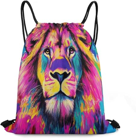 Rucksack Mit Kordelzug Tierkönig, Psychedelischer Löwe, Aquarell Turnbeutel Unisex wasserdichte Kordelzug Sportbeutel, Für Reisen, Schwimmen, Strandurlaub, 36x42cm