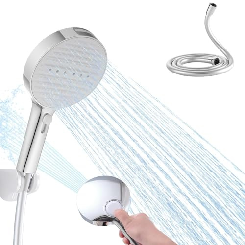 Haiba Shower Head with Hose 1.5m,4 Modes Powerful Handheld Shower Head,Built-in Power Wash to Clean Tub,Tile & Pets, Silver