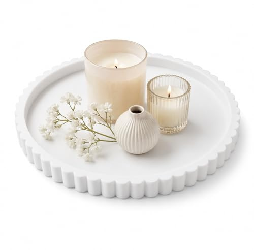 23cm White Silicone Round Tray, Multi-Purpose Non Slip Decorative Storage Tray for Bathroom, Bedroom and Entryway, Ideal for Perfume, Soap, Cosmetics and Daily Essentials (White)