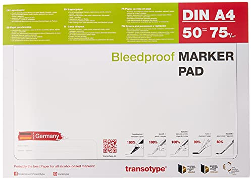 transotype Marker Pad, Layoutpapier für den Einsatz von Pigment-Markern, DIN A4, 70 g/qm, 50 Blatt, extrem weiß, säurefrei, Farbe schlägt nicht durch